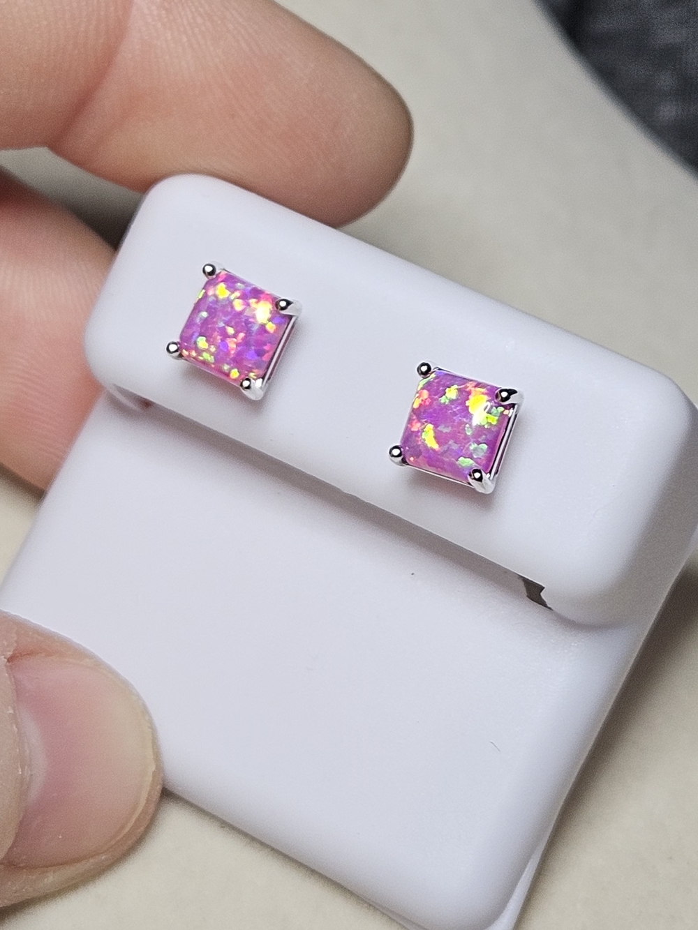 NWT 925 Sterling Silver Pink Fire Opal Princess Studs 6x6mm